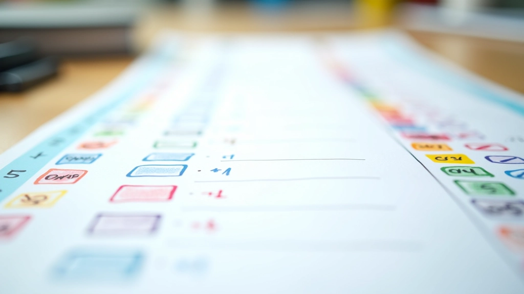Colorful habit tracking chart with markers and checkmarks, showing daily progress tracking system on paper, bright desk lighting