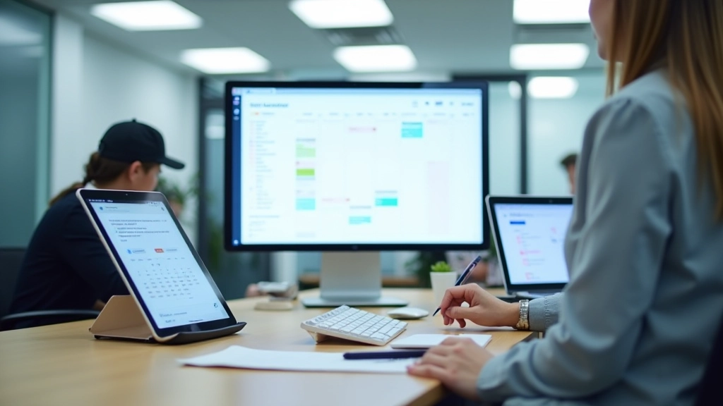 Multiple screens showing Google Calendar, Notion dashboard, and To Do app interface on desktop and mobile