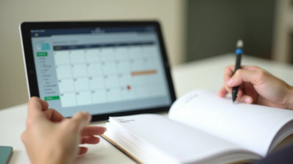 Desk workspace combining digital tablet showing calendar app next to handwritten planner notebook and pen setup