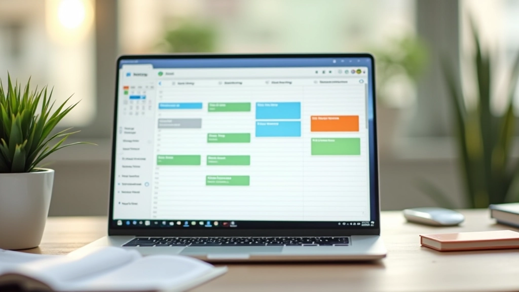 Laptop screen showing calendar with color-coded time blocks for different project types