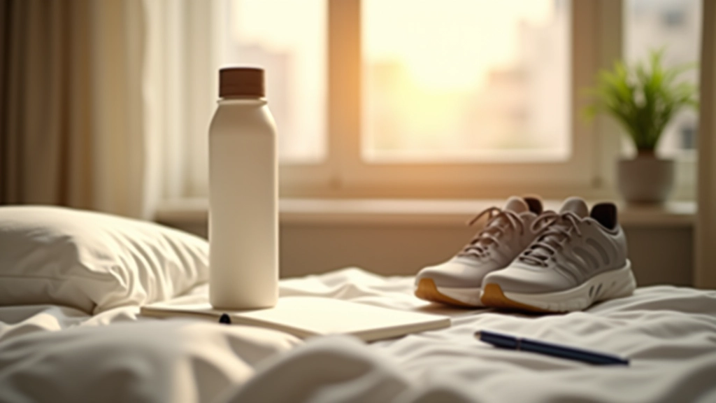 Minimalist morning routine setup with water bottle, running shoes, journal and pen arranged on nightstand, morning light from window
