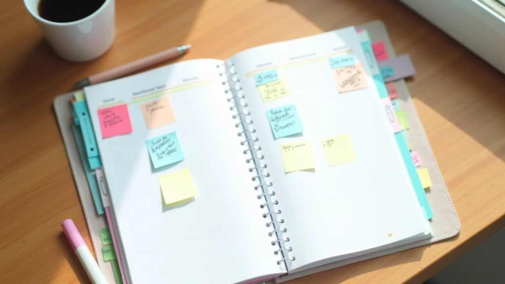 Colorful planner open with handwritten schedule and sticky notes on desk