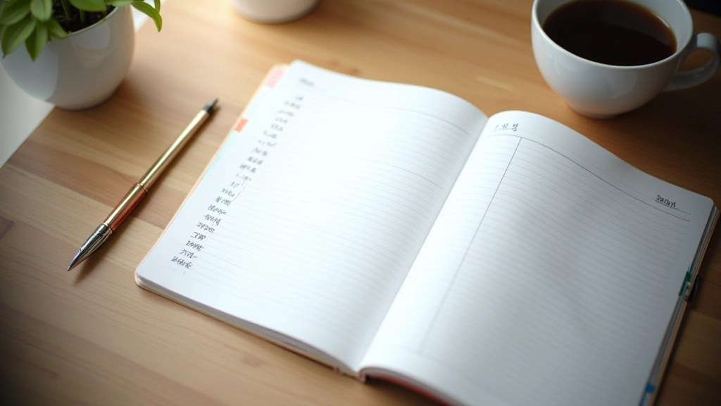 Colorful planner notebook with handwritten entries, coffee cup, pen, natural window light on wooden desk