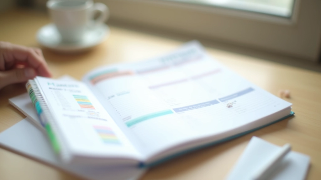 Organized planner with color-coded schedule and notes on wooden desk