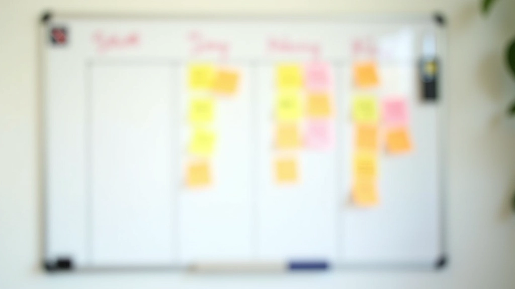 Colored sticky notes on whiteboard showing tasks organized by priority and urgency levels
