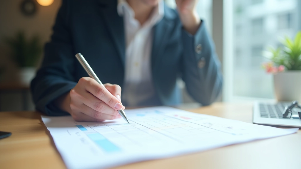 Professional sitting at desk analyzing priority matrix framework on paper with pen in hand