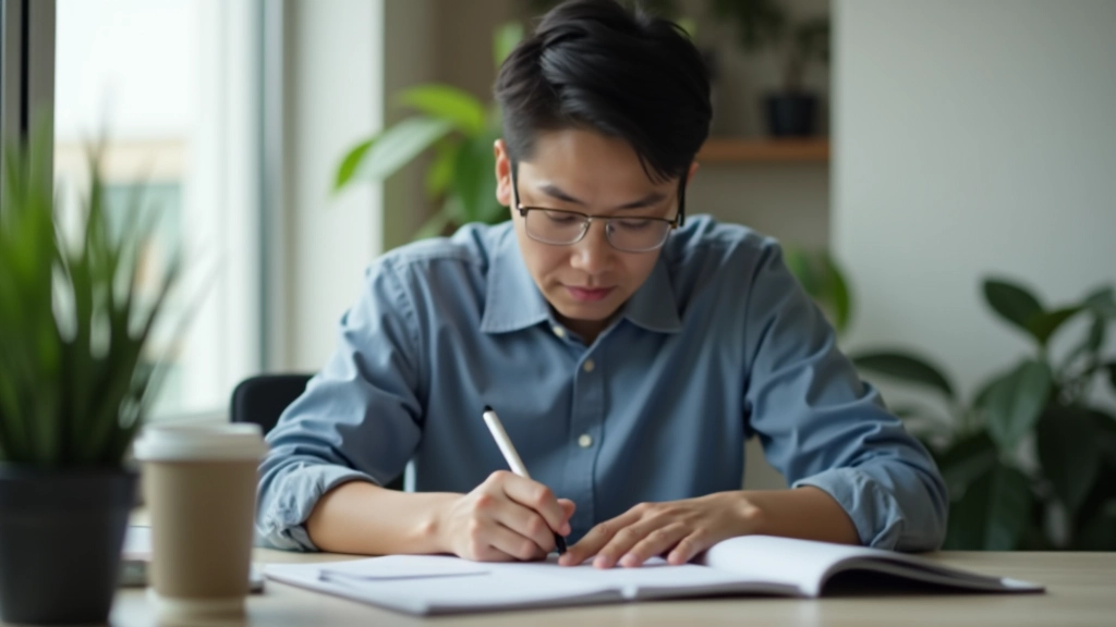 Person writing priority list in notebook with coffee cup on desk in home office