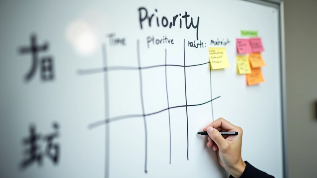 Priority matrix sketch on whiteboard with quadrants and task examples