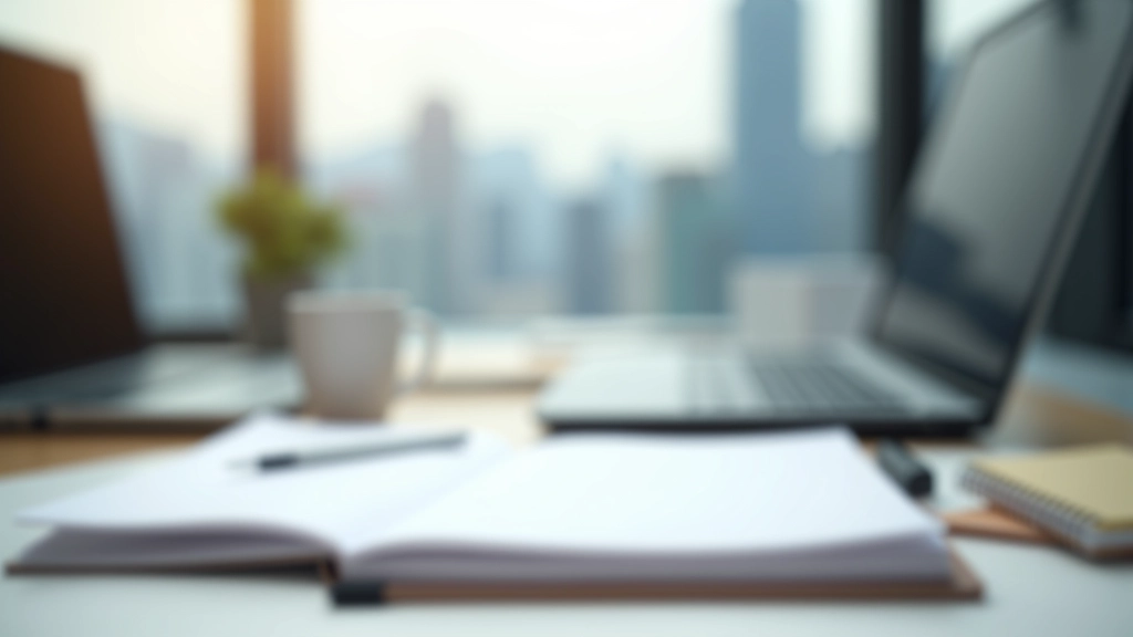 Modern desk workspace with planner, coffee, and Hong Kong cityscape visible through window